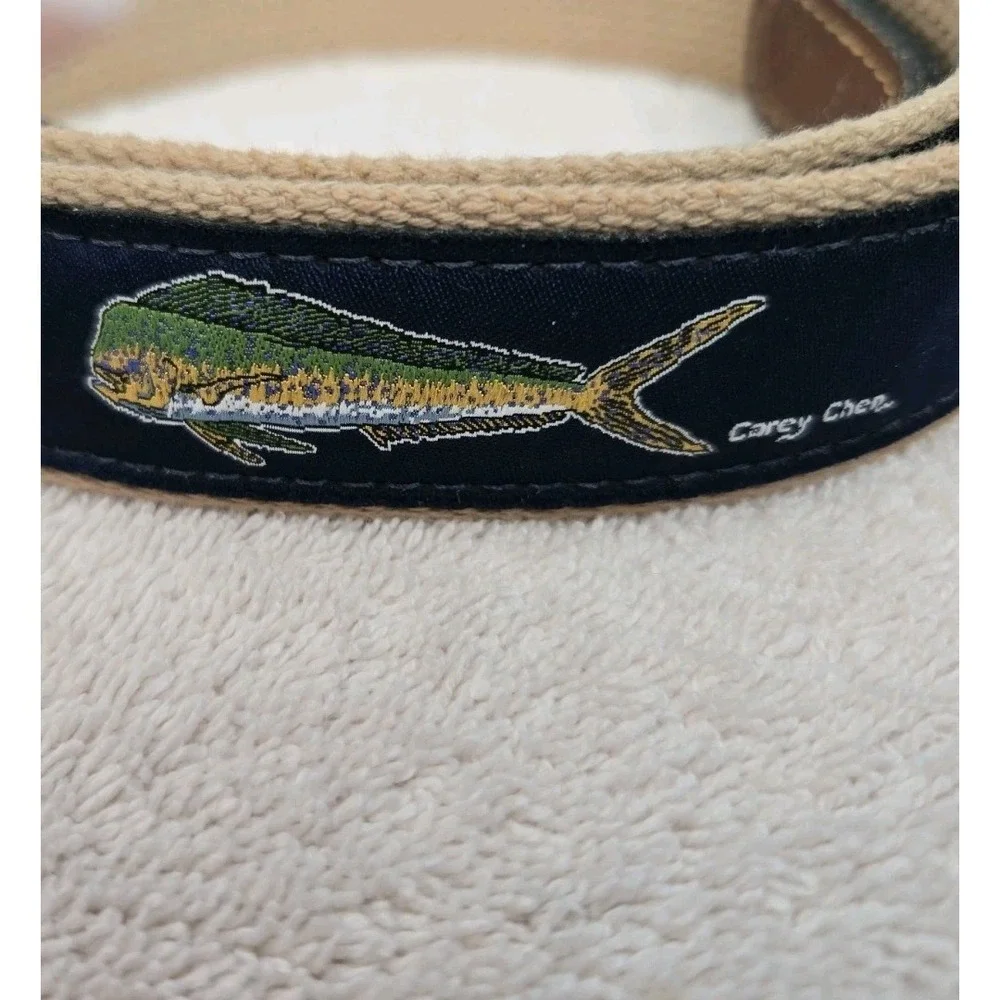 CAREY CHEN OCEAN RIDER Belt Mahi Mahi Sz 44 Leather Ends Canvas Brass Buckle GC